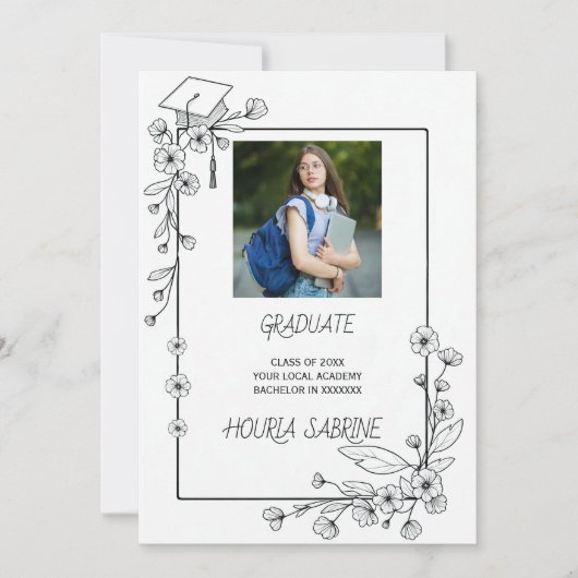 Eleganter Abschluss Schwarz-Weiß-Blumengrenze Ankündigung (Vorderseite)