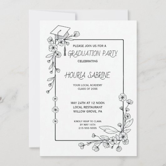 Eleganter Abschluss Schwarz-Weiß-Blumengrenze Einladung (Vorderseite)