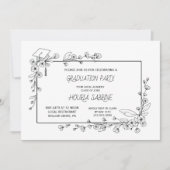 Eleganter Abschluss Schwarz-Weiß-Blumengrenze Einladung (Vorderseite)