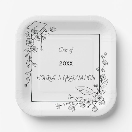 Eleganter Abschluss Schwarz-Weiß-Blumengrenze Pappteller (Vorderseite)