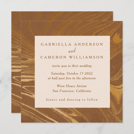 Eleganter Abstrakter Marmor Swirl Golden Brown Wed Einladung (Vorne/Hinten)