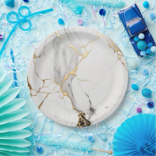 Eleganter abstrakter, schwarz-weißer Marmorstein Pappteller (Party)