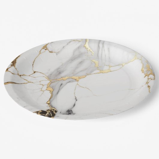 Eleganter abstrakter, schwarz-weißer Marmorstein Pappteller (Schrägansicht)