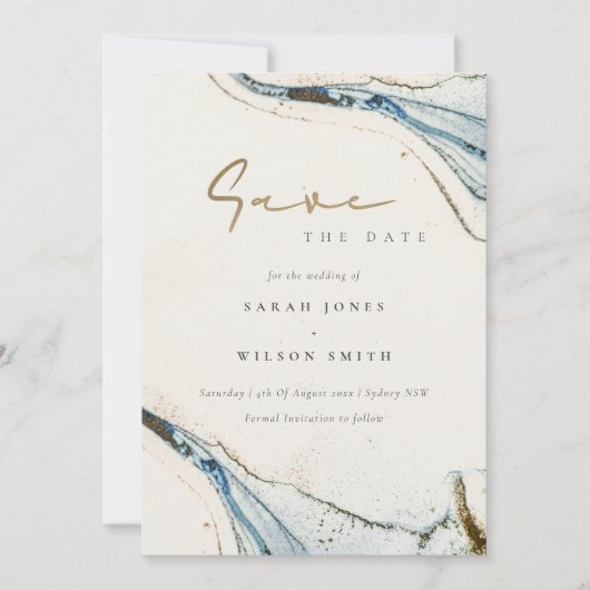 Eleganter Abstrakter Wasserfarben Blauer goldener  Save The Date (Vorderseite)