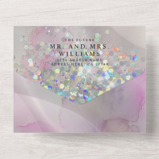 Eleganter Alcohol Ink Marble Holographic Glitzer All In One Einladung (Rückseite)