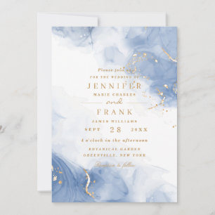 Eleganter Alkohol Tinte Gold Blauer Gänzlich Weiß Einladung