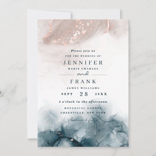 Eleganter Alkohol Tinte Gold Blush Blau Moderne Ho Einladung (Vorderseite)