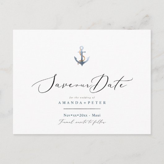 Eleganter Anker, Save the Date nautisch Postkarte (Vorderseite)
