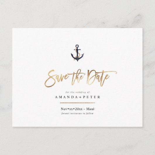 Eleganter Anker, Save the Date nautisch Postkarte (Vorderseite)