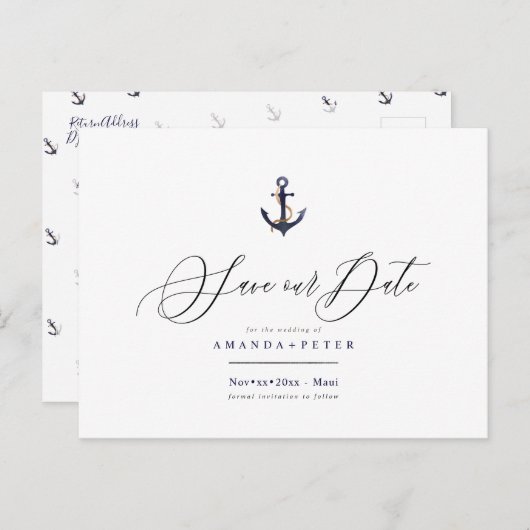 Eleganter Anker, Save the Date nautisch Postkarte (Vorne/Hinten)