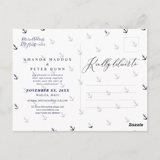 Eleganter Anker, Save the Date nautisch Postkarte (Rückseite)