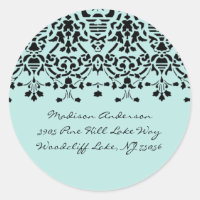 Eleganter Aqua & Black Damask Adressenaufkleber