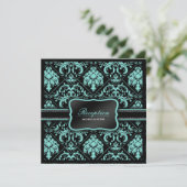 Eleganter Aqua Blue und Black Damask Empfang Einladung (Stehend Vorderseite)
