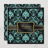 Eleganter Aqua Blue und Black Damask Empfang Einladung (Vorne/Hinten)
