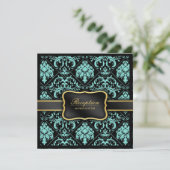 Eleganter Aqua Blue und Black Damask Empfang Einladung (Stehend Vorderseite)