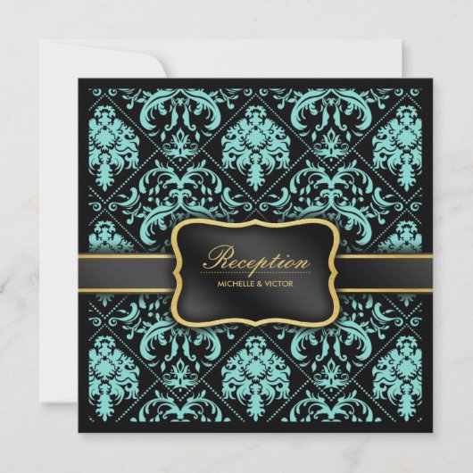 Eleganter Aqua Blue und Black Damask Empfang Einladung (Vorderseite)