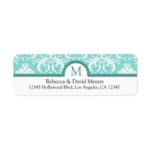 Eleganter Aqua Blue & White Damask mit Monogram (Vorne)