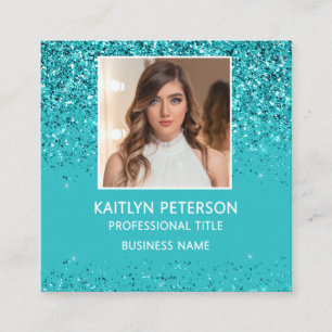 Eleganter Aqua-Glitter-Foto-QR-Code Quadratische Visitenkarte