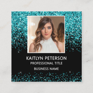 Eleganter Aqua-Glitter-Foto-QR-Code Schwarz Quadratische Visitenkarte