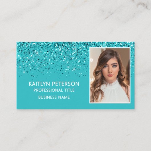 Eleganter Aqua-Glitter-Foto-QR-Code Visitenkarte (Vorderseite)