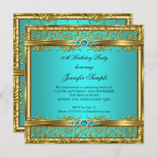 Eleganter Aquamarin Blue Gold Damask Diamond Gebur Einladung (Vorne/Hinten)