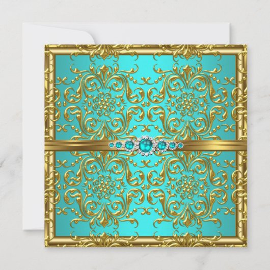 Eleganter Aquamarin Blue Gold Damask Diamond Gebur Einladung (Rückseite)
