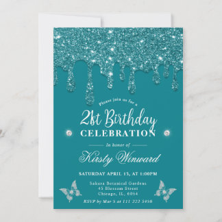 Eleganter Aquamarin Dripping Glitzer 21. Geburtsta Einladung