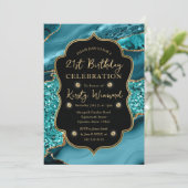 Eleganter Aquamarin & Gold Glitzer Agate 21. Gebur Einladung (Stehend Vorderseite)