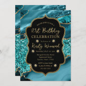 Eleganter Aquamarin & Gold Glitzer Agate 21. Gebur Einladung (Vorne/Hinten)