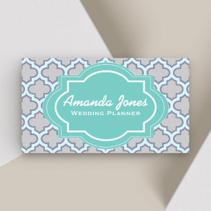 Eleganter Aquamarin-Grauer Quatrefolien-Hochzeitsp Visitenkarte