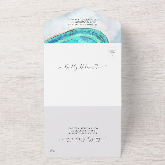 Eleganter Aquamarin- und Goldgeode-Slice-Hochzeits All In One Einladung (Außenbereich)