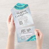 Eleganter Aquamarin- und Goldgeode-Slice-Hochzeits All In One Einladung (Abreißen)