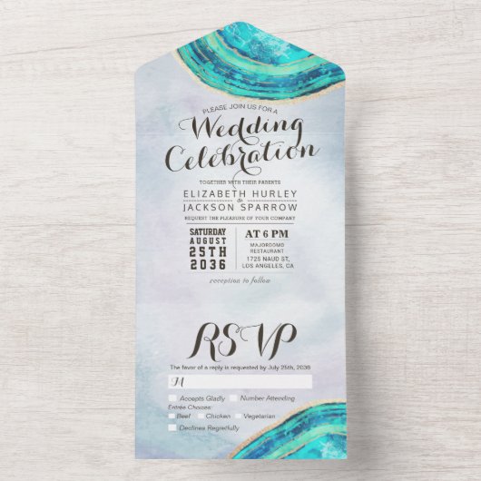 Eleganter Aquamarin- und Goldgeode-Slice-Hochzeits All In One Einladung (Innen Boden)