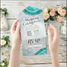 Eleganter Aquamarin- und Goldgeode-Slice-Hochzeits