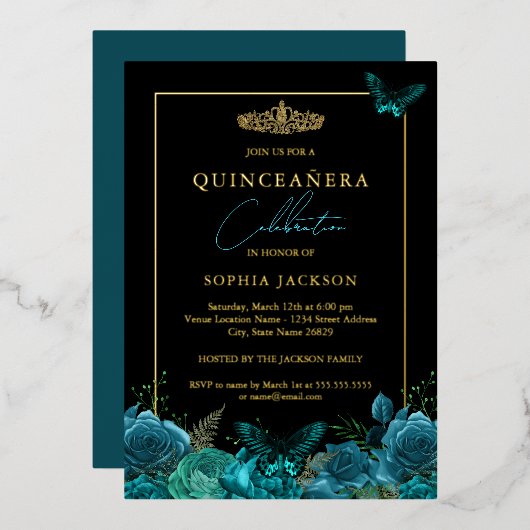 Eleganter Aquamariner Blauer Schmetterling Quincea Folieneinladung (Vorderseite/Rückseite)