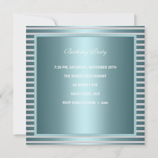 Eleganter Aquamariner Blauer Streifen Weißer Bow J Einladung (Rückseite)