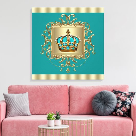 Eleganter Aquamariner Blauer und Goldkronenprinz Leinwanddruck (Insitu (Wohnzimmer))