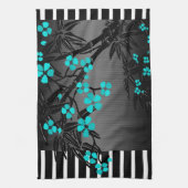 Eleganter Aquamariner Blossom Black Asian Bamboo Geschirrtuch (Vertikal)