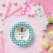 Eleganter Aquamariner Blue Gingham & Balloons 1. G Pappteller (Party)