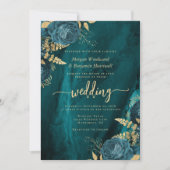 Eleganter Aquamariner Blue Gold Floral QR Code Hoc Einladung (Vorderseite)