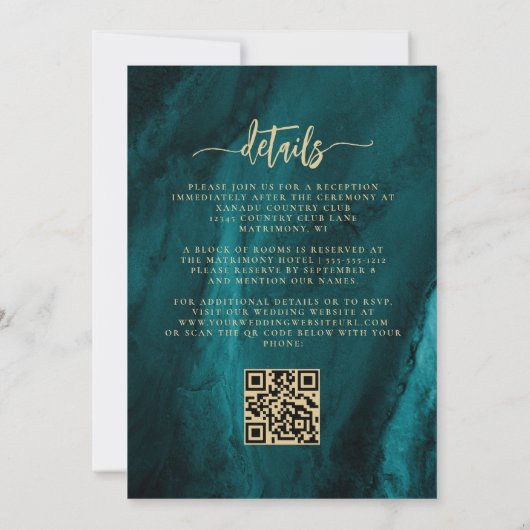 Eleganter Aquamariner Blue Gold Floral QR Code Hoc Einladung (Rückseite)