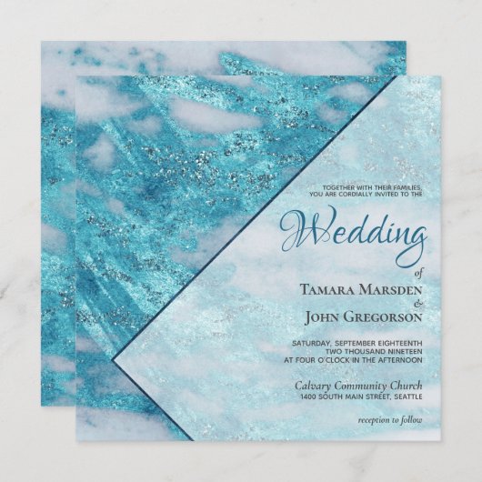 Eleganter Aquamariner Blue Marble Glitzer Geometri Einladung (Vorne/Hinten)
