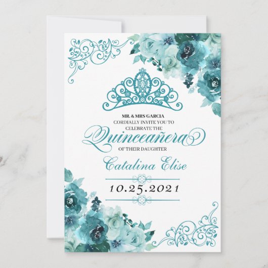 Eleganter Aquamariner Blumenstrauß Geburtstag Einladung (Vorderseite)