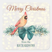 Eleganter Aquamariner Bow Pine Bough mit Kardinal  Quadratischer Aufkleber (Vorderseite)