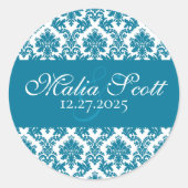 Eleganter Aquamariner Damaskus Hochzeitsgunst Runder Aufkleber (Vorderseite)