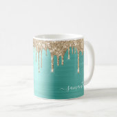 Eleganter Aquamariner Girly Glitzer Tropfen Metall Kaffeetasse (VorderseiteRechts)