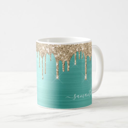Eleganter Aquamariner Girly Glitzer Tropfen Metall Kaffeetasse (VorderseiteRechts)
