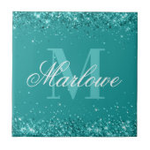 Eleganter Aquamariner Glitzer Blue Green Monogram Fliese (Vorderseite)