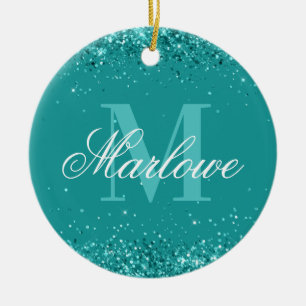 Eleganter Aquamariner Glitzer Blue Green Monogram Keramik Ornament
