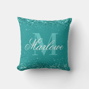 Eleganter Aquamariner Glitzer Blue Green Monogram Kissen